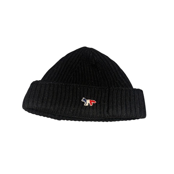 Maison Kitsuné Black Ribbed Beanie Hat Fox Patch Logo Unisex